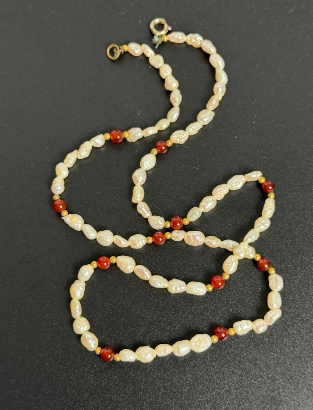 Vintage Freshwater Baroque Pearl Necklace Carnelian Bead 19” Gold tone spacers